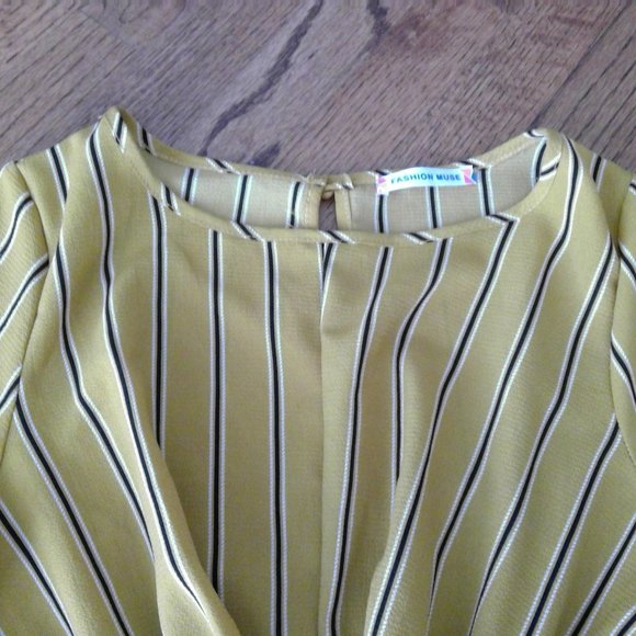 Fashion Muse Size Medium Tie Front Yellow Gold Striped Dress - Picture 7 of 14